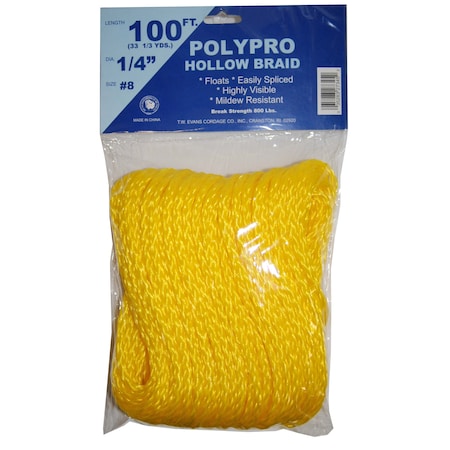 T.W. Evans Cordage Co. No. 8 - 1/4. x 100 ft. Yellow Hollow Braid Polypro Rope 27-345